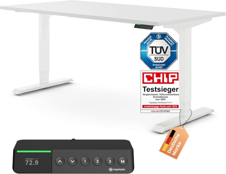 Ergotopia Desktopia Pro X Elektrisch höhenverstellbarer Schreibtisch, Ergonomischer Stehtisch für Büro oder Home Office (Weiß, Gestell Weiß, 180 x 80 cm)